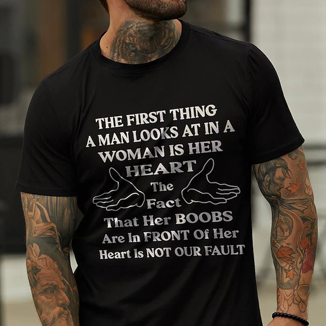 Men's Funny Graphic T-Shirt: 'Heart & Boobs Not Our Fault' Humorous Relationship Quote Short Sleeve Tee 8