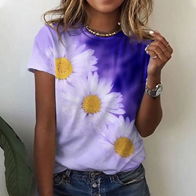 

Women's Floral Theme Painting T shirt Floral Print Round Neck Basic Tops Blue Purple Pink / 3D Print