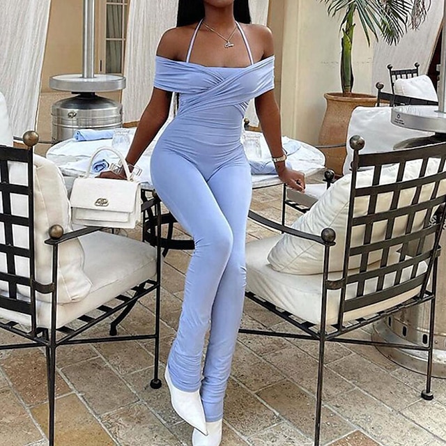 

Women's Jumpsuit Backless Solid Color Halter Neck Elegant Party Bar Regular Fit Short Sleeve Brown Light Blue S M L Spring