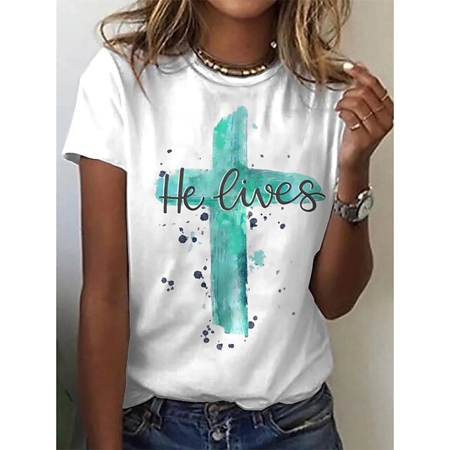 

Women's T shirt Letter Print Round Neck Basic Tops White / 3D Print
