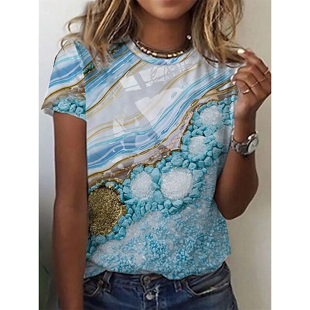 

Women's Geometric T shirt Geometric Round Neck Basic Tops Blue / 3D Print