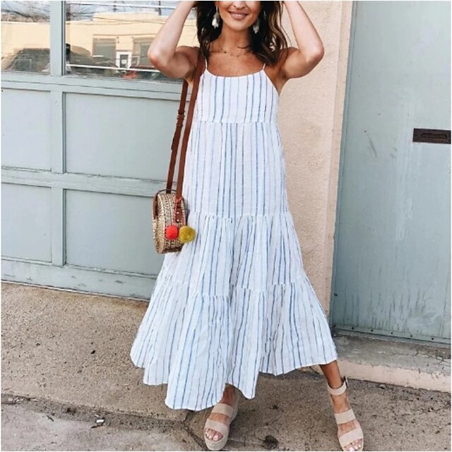 

Women's Sheath Dress Midi Dress Light Blue Sleeveless Striped Backless Print Fall Summer Spaghetti Strap Stylish Casual 2022 S M L XL XXL 3XL