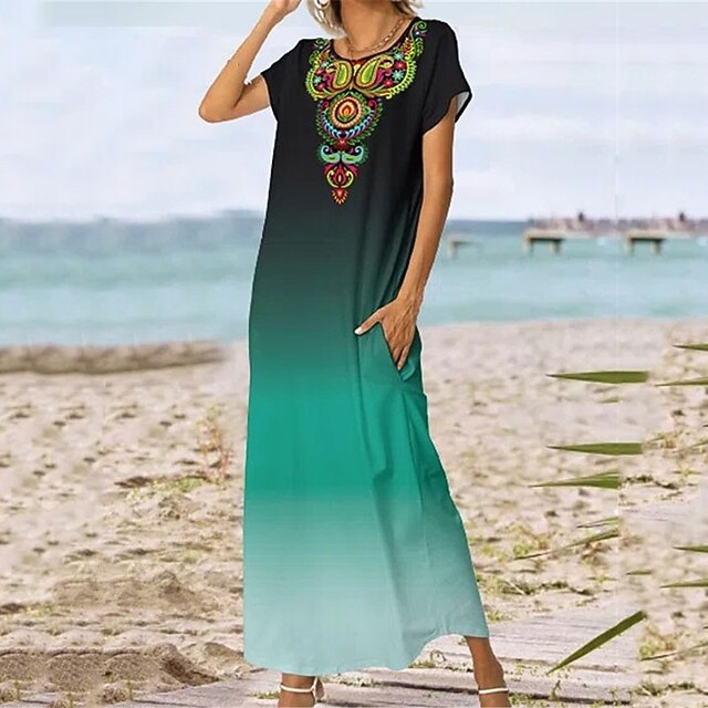 

Women's Shift Dress Maxi long Dress Green Short Sleeve Color Gradient Pocket Print Spring Summer Round Neck Vacation Vintage 2022 S M L XL XXL