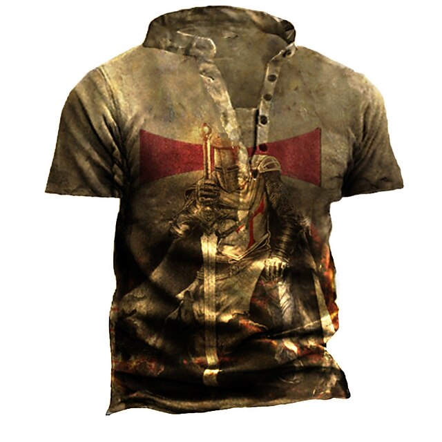 

Men's Henley Shirt Tee T shirt 3D Print Graphic Soldier Henley Casual Daily Button-Down Print Short Sleeve Tops Fashion Vintage Retro Big and Tall Khaki