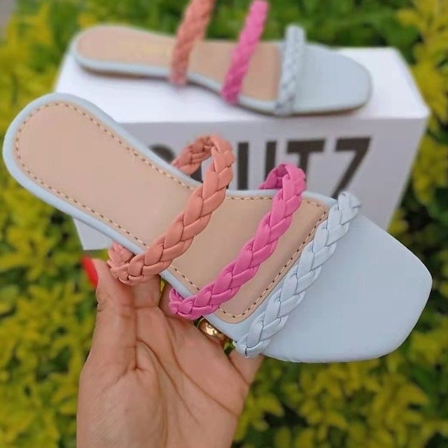

Women's Slippers Plus Size Flat Heel Square Toe Minimalism Daily PU Leather Loafer Spring Summer Braided White Red