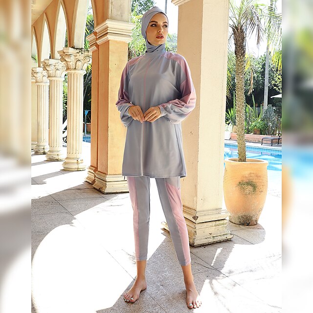

Women's Swimwear Three Piece Rash Guard Swimsuit Color Block Gray Blouse Bathing Suits New Sports / Padless