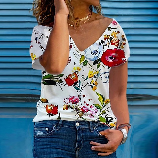 

Women's Plus Size Tops T shirt Floral Print Short Sleeve V Neck Streetwear Daily Going out Polyester Spring Summer White