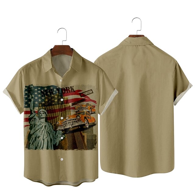 

Men's Shirt 3D Print American Flag Classic Collar Party Daily Print Short Sleeve Tops Streetwear Hawaiian Brown