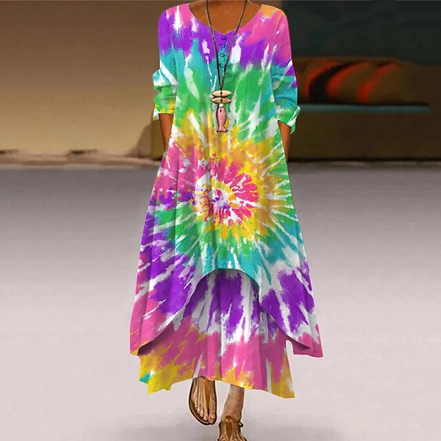 

Women's A Line Dress Maxi long Dress Blue Gray Purple Fuchsia Rainbow 3/4 Length Sleeve Floral Color Gradient Tie Dye Pocket Print Spring Summer Round Neck Elegant Casual Vacation 2022 S M L XL XXL