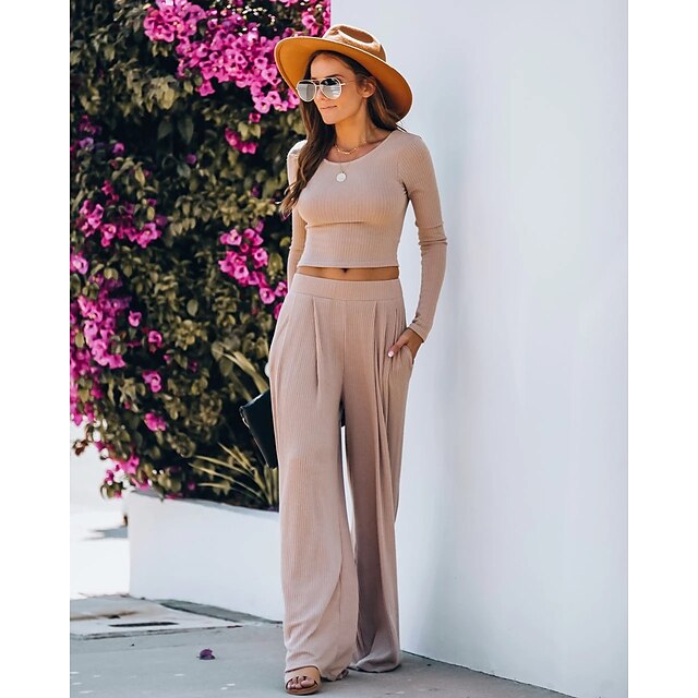 

Women's Basic Plain Casual Vacation Two Piece Set Crop Top Pants Sets T shirt Pant Tops