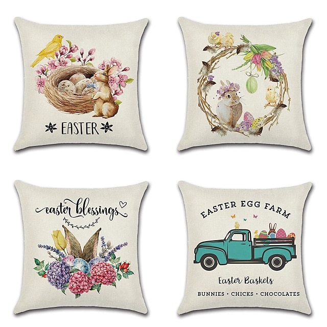 

Happy Easter 4 pcs Polyester Pillow Cover, Animal Simple Square Zipper Traditional Classic