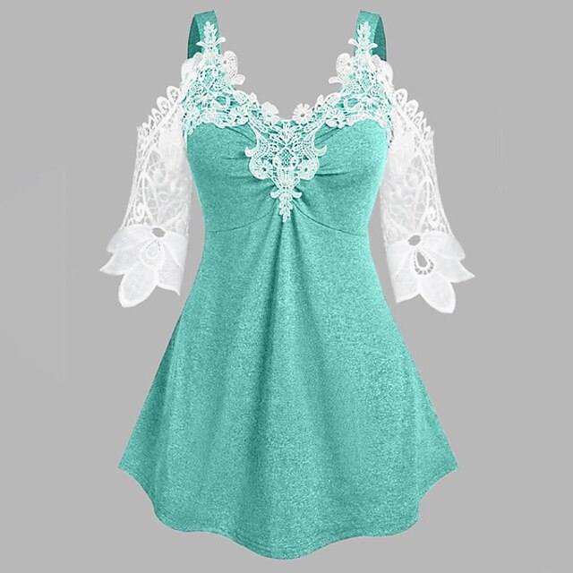 

Women's T shirt Plain Lace Cold Shoulder V Neck Basic Tops Green Blue Black