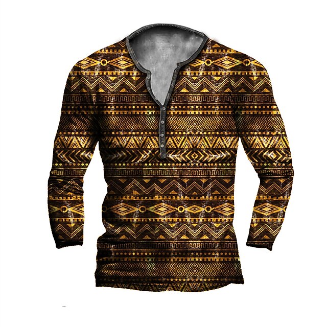 

Men's Henley Shirt T shirt 3D Print Graphic Tribal Henley Casual Daily Button-Down Print Long Sleeve Tops Casual Vintage Classic Designer Gold