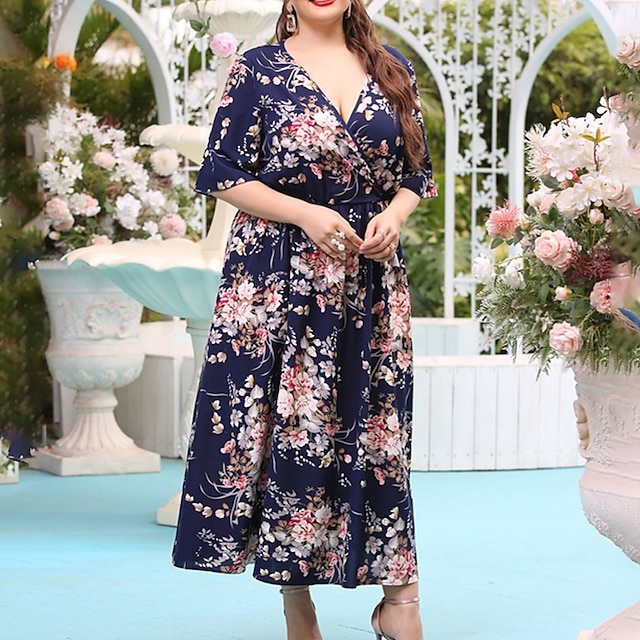 

Women's Swing Dress Midi Dress Dark Blue Half Sleeve Floral Print Spring Summer V Neck Casual Boho 2022 L XL XXL 3XL 4XL