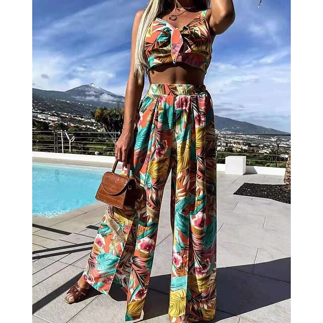 

Women's Basic Floral Casual Vacation Two Piece Set Crop Top Tank Top Pants Sets Pant Wide leg pants Lace up Print Tops