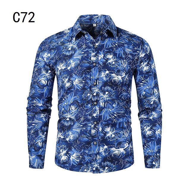 

Men's Shirt Print Graphic Classic Collar Holiday Going out Print Long Sleeve Tops Casual Beach Blue