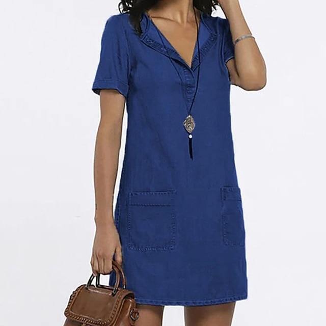 

Women's Shift Dress Short Mini Dress Black Navy Blue Short Sleeve Pure Color Pocket Spring Summer Shirt Collar Stylish Basic Casual 2022 S M L XL XXL