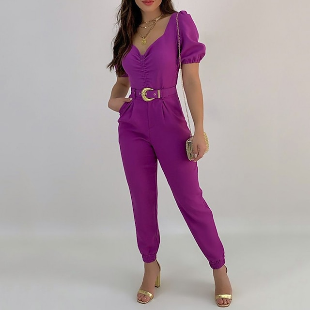 

Women's Jumpsuit Solid Color V Neck Elegant Street Work Regular Fit Short Sleeve Green Black Purple S M L Spring