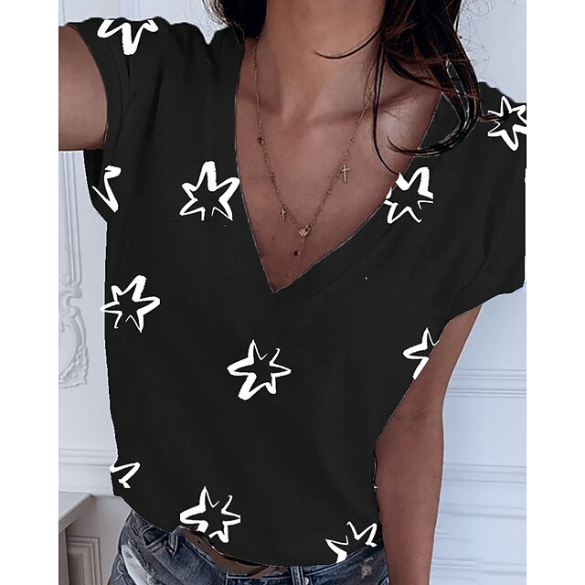 

Women's Painting T shirt Star Print V Neck Basic Tops Blue White Black