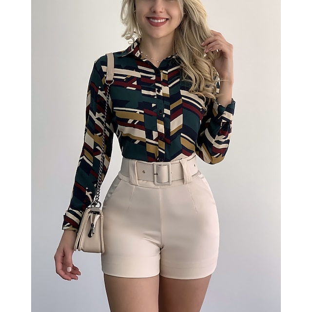 

Women's Geometric Blouse Shirt Geometric Button Print Shirt Collar Casual Streetwear Tops Green Blue Khaki / 3D Print