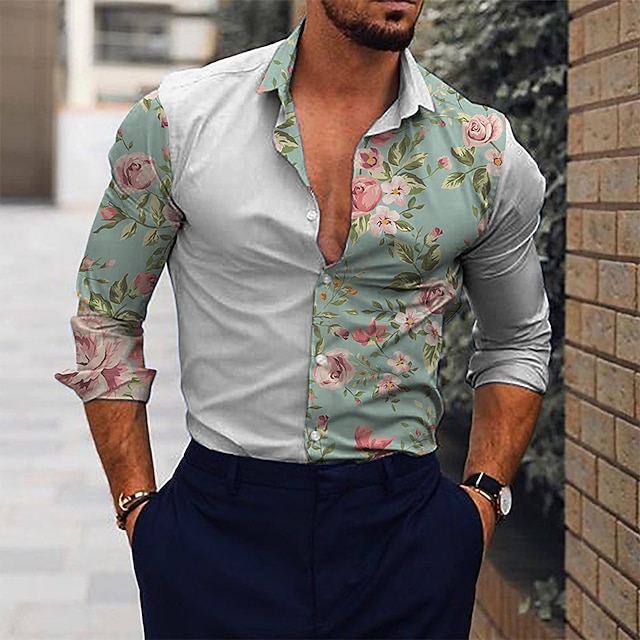 

Men's Shirt Floral Turndown Street Casual Button-Down Print Long Sleeve Tops Casual Fashion Breathable Comfortable White