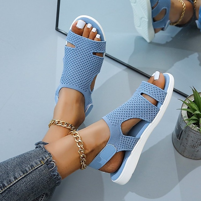 Women's Sandals Plus Size Flyknit Shoes Outdoor Daily Walking Solid Color Solid Colored Summer Flat Heel Open Toe Sporty Casual Walking Tissage Volant Magic Tape Almond Light Blue