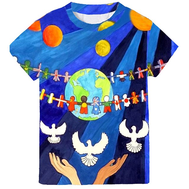 Baby & Kids Boys Clothing | Kids Boys T shirt Short Sleeve 3D Print Peace Blue Children Tops Spring Summer Active Fashion Daily 