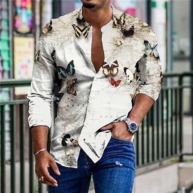 

Men's Shirt 3D Print Butterfly Animal Stand Collar Casual Daily Button-Down Print Long Sleeve Tops Casual Fashion Designer Comfortable White
