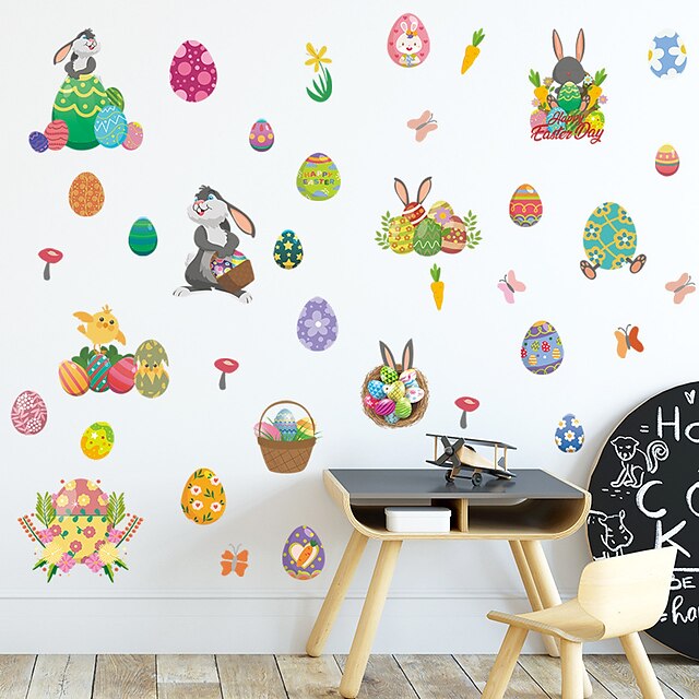 

Cartoon Rabbit Egg Flower Easter Holiday Wall Stickers Bedroom Living Room Removable Pre-pasted PVC Home Decoration Wall Decal 4pcs