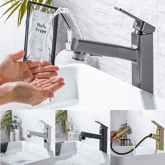  Grifo para lavabo de baño: extraíble/rociador extraíble, juego central electrochapado, grifos monomando de un orificio para baño