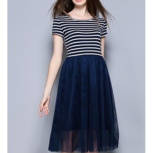 

Women's Sheath Dress Knee Length Dress Black and white stripes Short Sleeve Striped Patchwork Summer Round Neck Stylish Work 2022 S M L XL