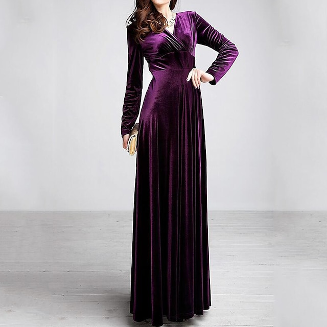 Womens Clothing Womens Dresses | Womens Swing Dress Maxi long Dress Wine Black Purple Dark Green Long Sleeve Solid Color Patchwo