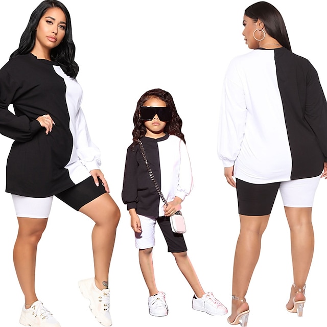 Baby & Kids Matching Outfits | Mommy and Me Family Sets Bottom Sweatshirt Color Block Daily Patchwork Black Long Sleeve Adorable