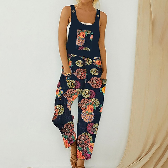 

Women's Jumpsuit Print Print U Neck Casual Casual Daily Regular Fit Sleeveless Navy Blue S M L Summer