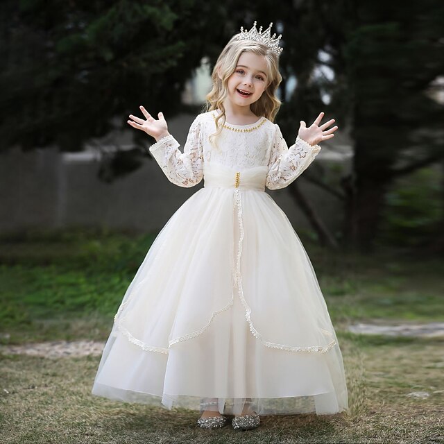 

Kids Little Girls' Dress Plain Tulle Dress Special Occasion Daily Beaded Mesh White Pink Wine Maxi Long Sleeve Elegant Princess Dresses Children's Day Spring Summer Slim 4-13 Years