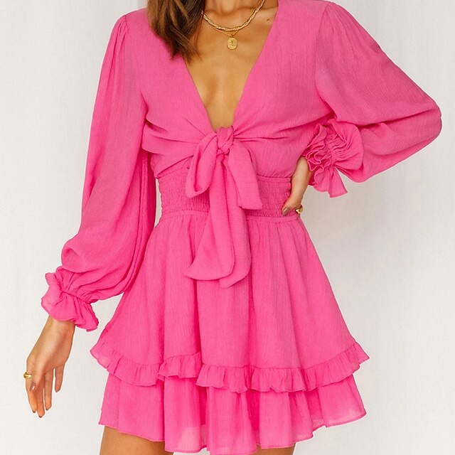 

Women's Chiffon Dress Short Mini Dress Light Pink White Purple Pink Light Green Red Long Sleeve Solid Color Chiffon Ruffle Patchwork Spring Summer V Neck Stylish Elegant Lantern Sleeve 2022 S M L XL