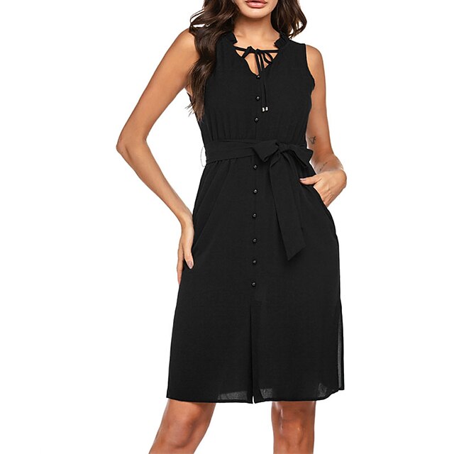 

Women's A Line Dress Knee Length Dress Black Dark Blue Red Yellow Sleeveless Pure Color Chiffon Lace up Pocket Spring Summer V Neck Stylish Work Casual 2022 S M L XL XXL