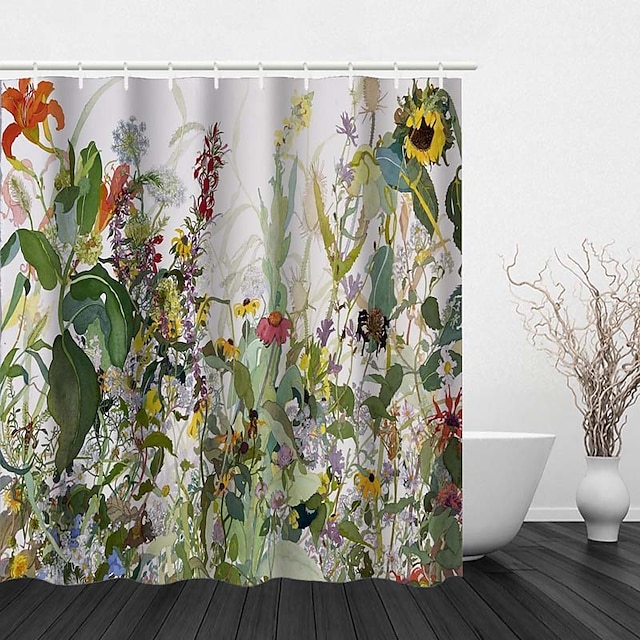  cortina de ducha con ganchos para baño, bosque tropical selva tropical planta animal elefante jirafa estampado moderno poliéster mecanizado baño impermeable