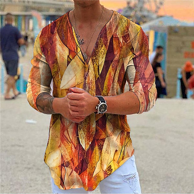 

Men's Shirt 3D Print Leaves V Neck Casual Daily 3D Print Long Sleeve Tops Casual Fashion Designer Comfortable Yellow