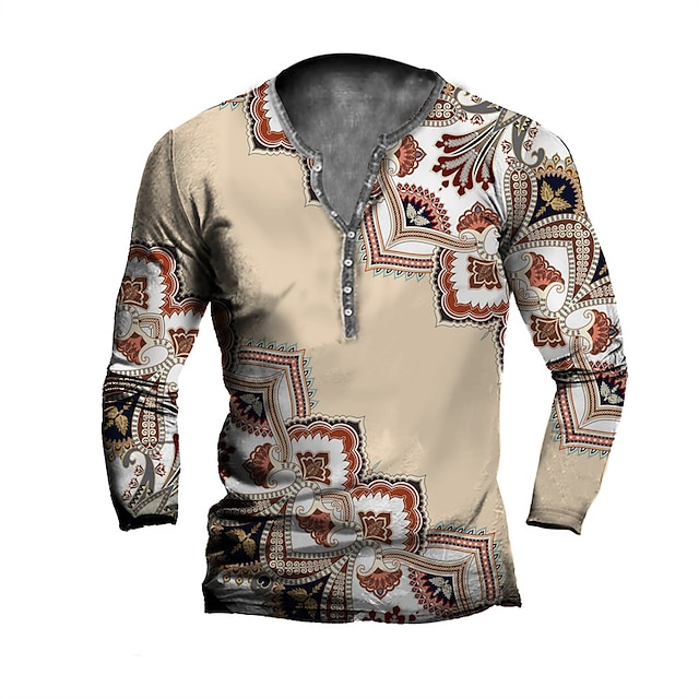 

Men's Henley Shirt T shirt 3D Print Graphic Tribal Henley Casual Daily Button-Down Print Long Sleeve Tops Casual Vintage Classic Designer Light Brown Khaki