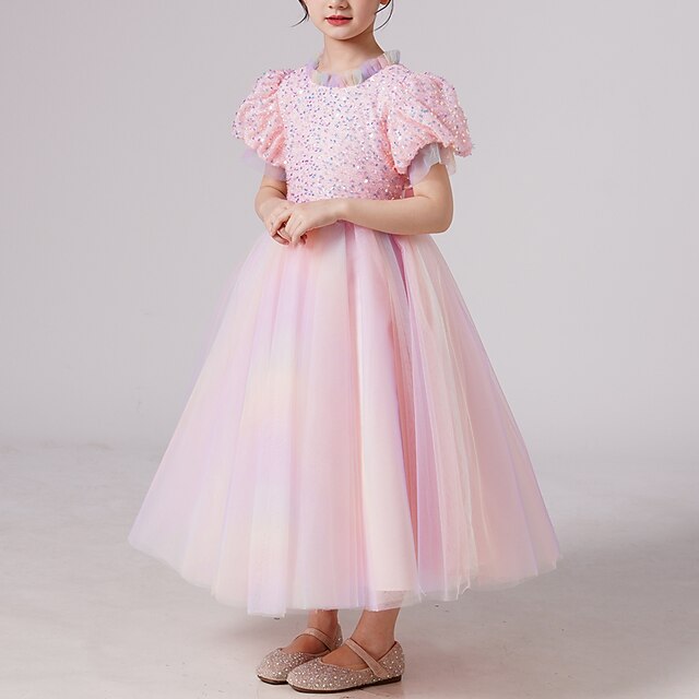 

Kids Little Girls' Dress Sequin Puff Sleeve Sparkle Blue Pink Cotton Maxi Short Sleeve Princess Sweet Dresses Children's Day Summer Regular Fit 4-13 Years