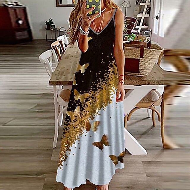 

Women's A Line Dress Maxi long Dress Yellow Sleeveless Butterfly Animal Print Spring Summer Spaghetti Strap Stylish Casual Vacation 2022 S M L XL XXL 3XL