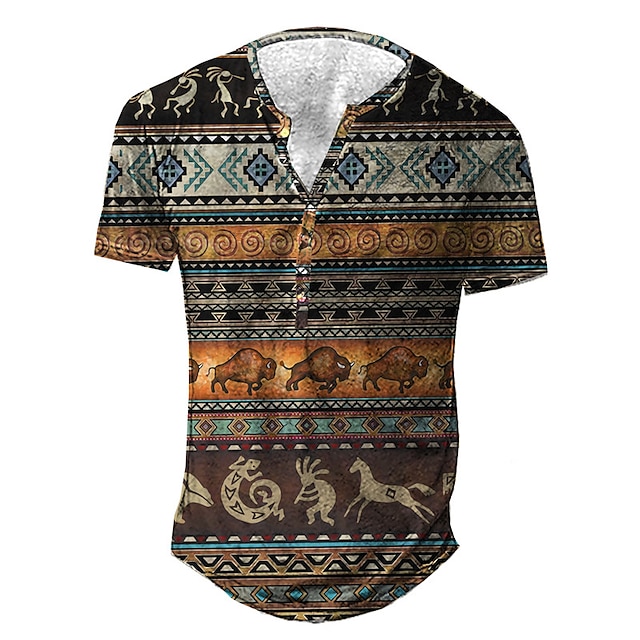 

Men's Henley Shirt Tee T shirt 3D Print Graphic Tribal Cow Plus Size Henley Daily Sports Button-Down Print Short Sleeve Tops Basic Casual Classic Designer Coffee / Summer
