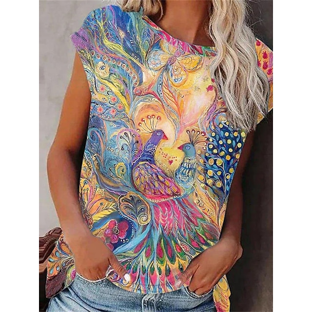 

Women's T shirt Animal Round Neck Basic Tops Rainbow / 3D Print