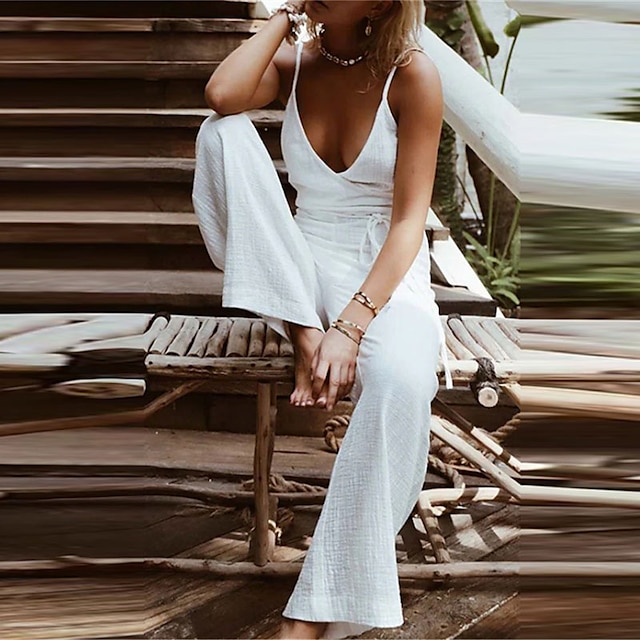 

Women's Jumpsuit Backless Lace up Solid Color V Neck Casual Home Casual Regular Fit Sleeveless Blue White Gray S M L Spring