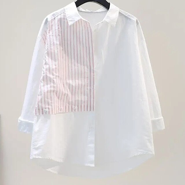 

Women's Plus Size Tops Blouse Shirt Striped Button Print Long Sleeve Shirt Collar Basic Streetwear Daily Going out Cotton Spring Summer Blue Black