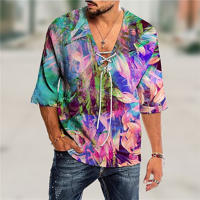

Men's Shirt 3D Print Leaves V Neck Casual Daily 3D Print Drawstring 3/4 Length Sleeve Tops Casual Fashion Designer Comfortable Blue