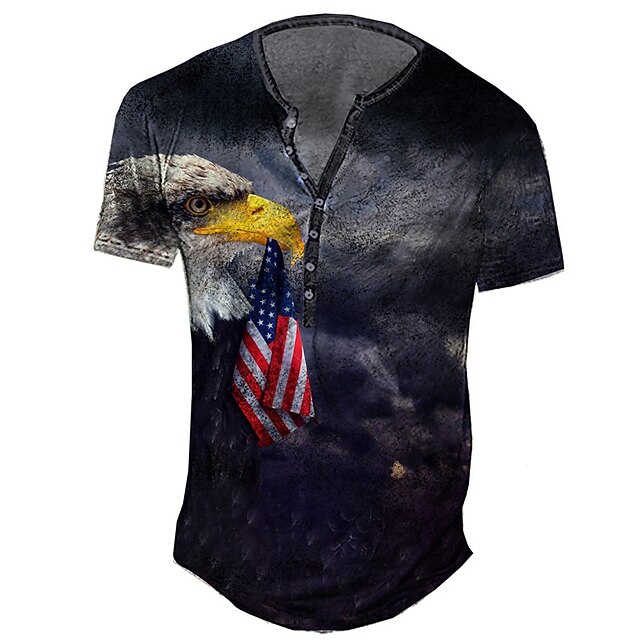 

Men's Henley Shirt Tee T shirt 3D Print Graphic Eagle Plus Size Henley Daily Sports Button-Down Print Short Sleeve Tops Basic Casual Classic Designer Black