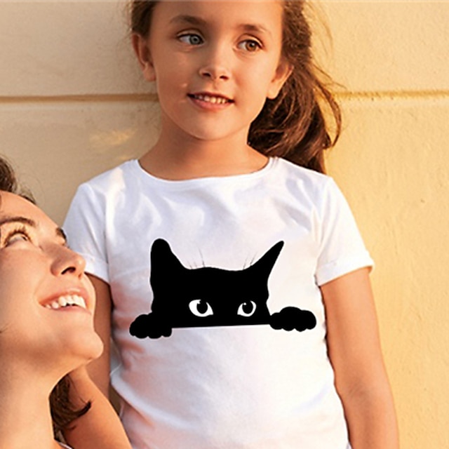 Baby & Kids Matching Outfits | Mommy and Me T shirt Tops Cat Animal Street Print White Short Sleeve Active Matching Outfits - PE