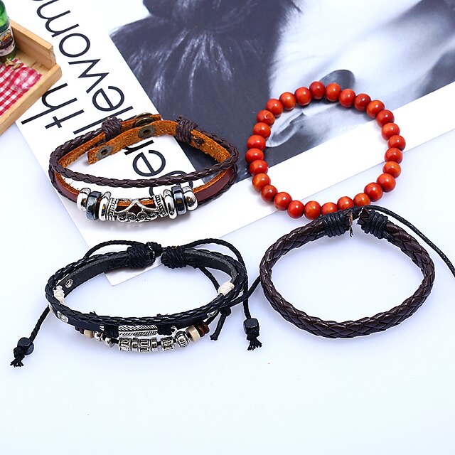  4pcs Men's Women's Bead Bracelet Leather Bracelet Braided Lucky Personalized Stylish Simple Fashion Trendy Hard Leather Bracelet Jewelry Rainbow For Party Gift Daily Prom Festival